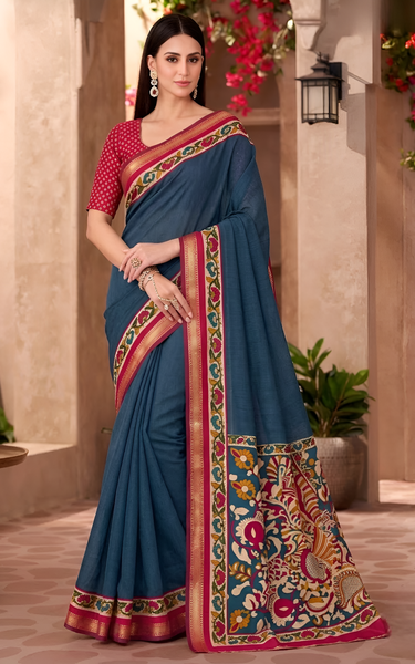 Soft Mul Cotton Kalamkari Pallu Saree with Zari Border (Teal Blue)