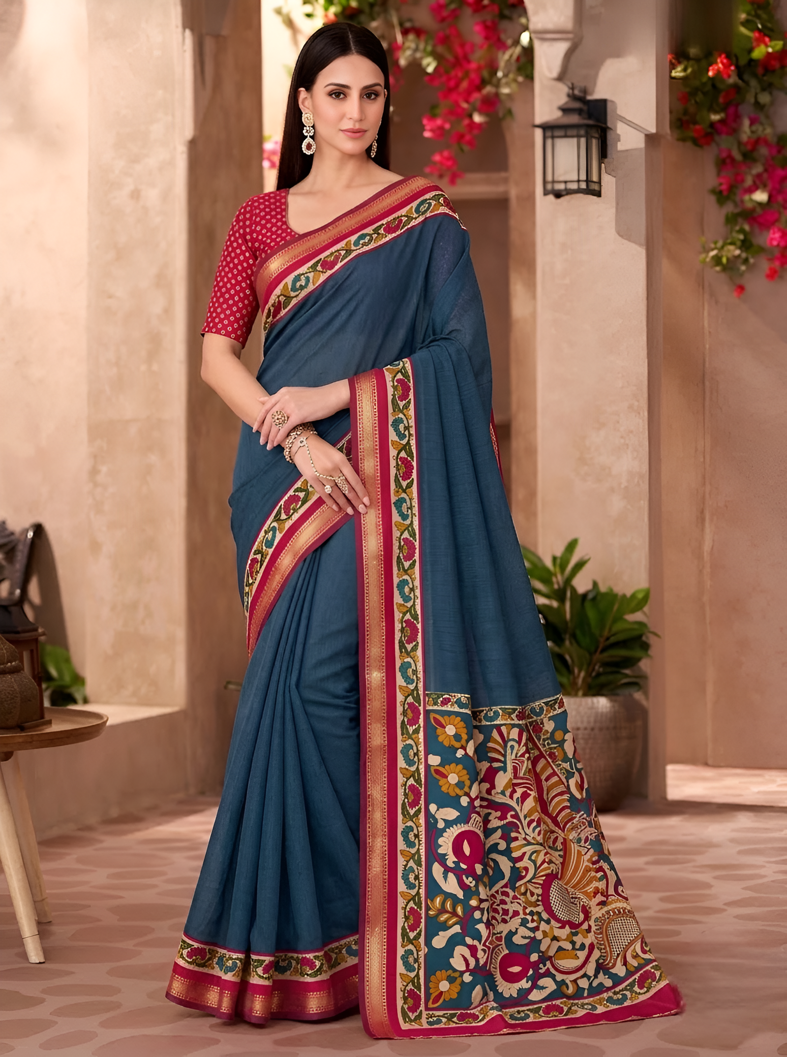 Soft Mul Cotton Kalamkari Pallu Saree with Zari Border (Teal Blue)