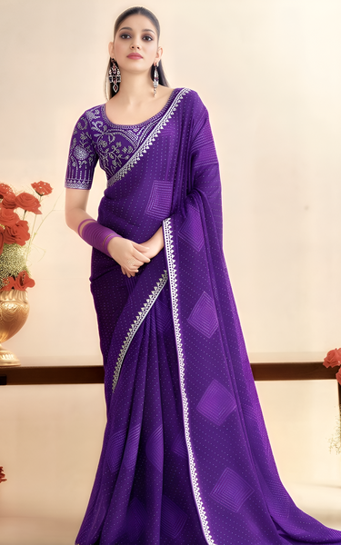 Georgette Cutwork Embroidery Saree Purple Party Wear with Blouse Piece