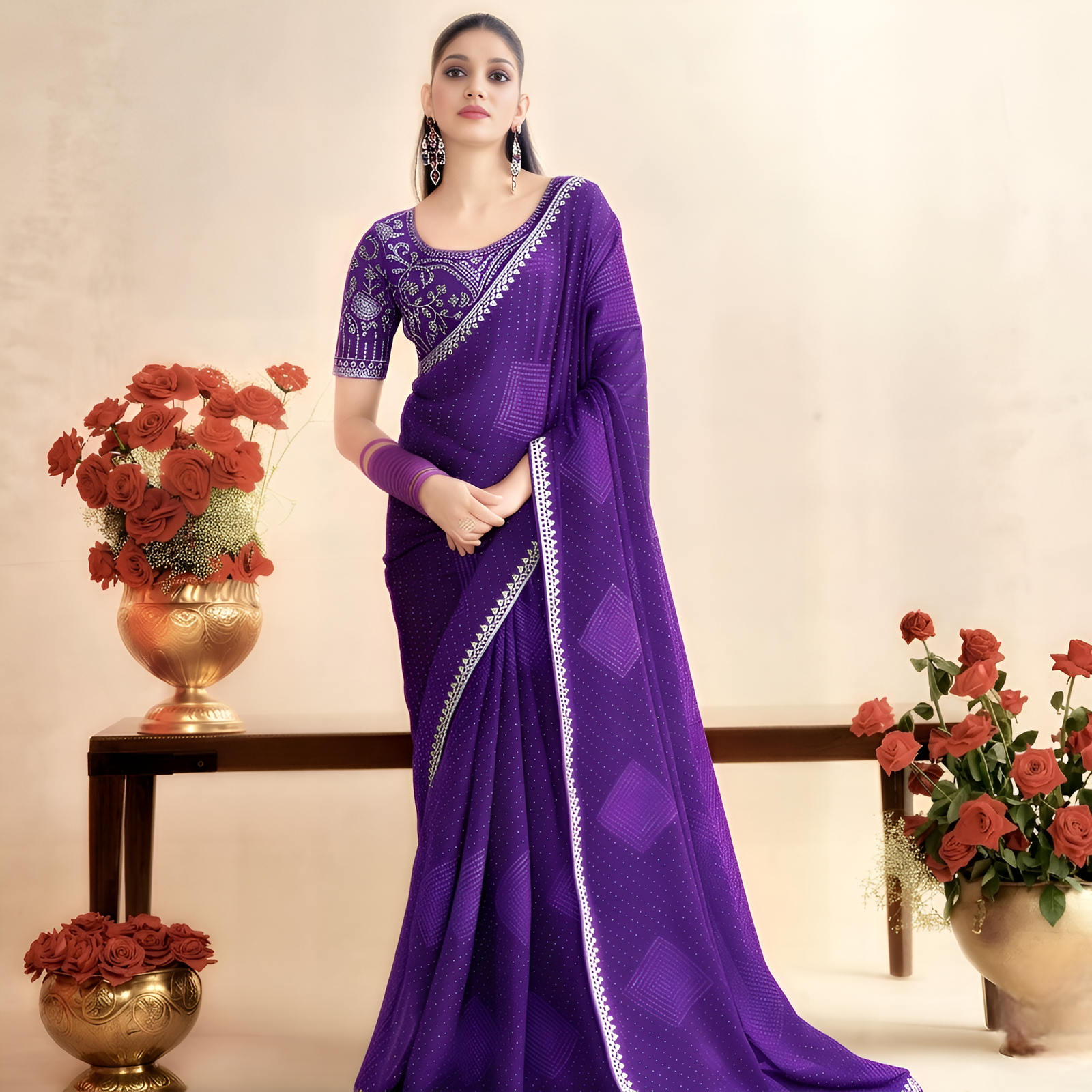 Georgette Cutwork Embroidery Saree Purple Party Wear with Blouse Piece