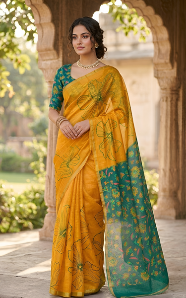 Kalamkari Printed Chanderi Linen Saree with Weaving Border (Yellow)