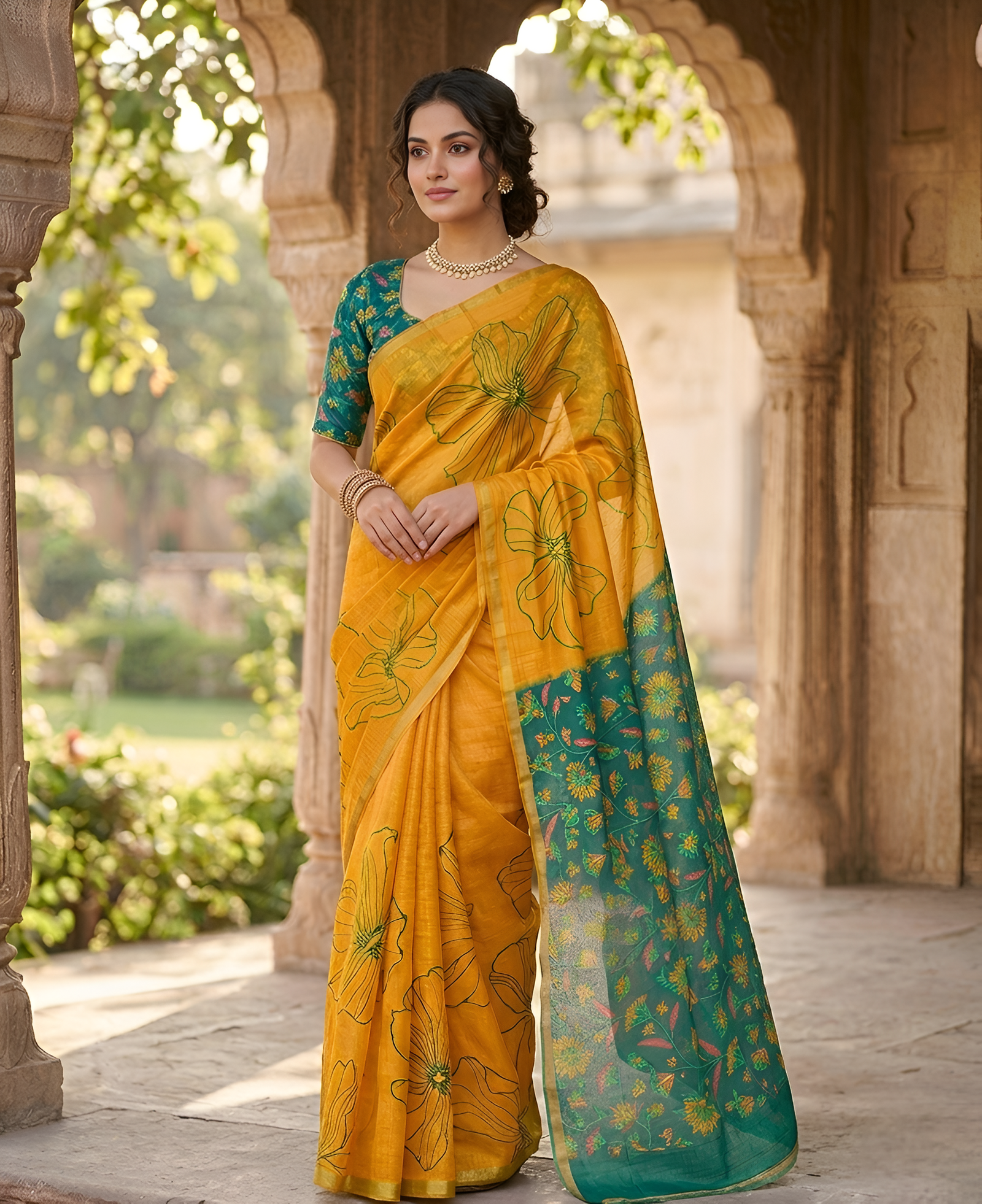 Kalamkari Printed Chanderi Linen Saree with Weaving Border (Yellow)