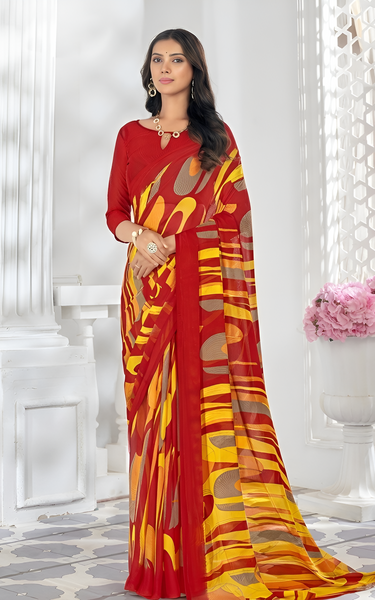 Geometric Print, Graphic Print Bollywood Chiffon Georgette Saree (Red & Yellow)