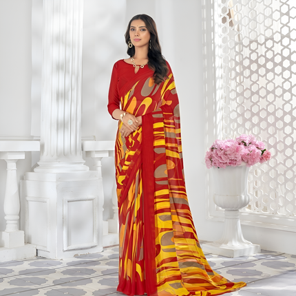 Geometric Print, Graphic Print Bollywood Chiffon Georgette Saree (Red & Yellow)