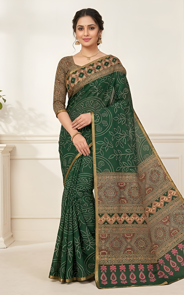 Ajrakh Kalamkari Zari Border Chanderi Saree (Dark Green)