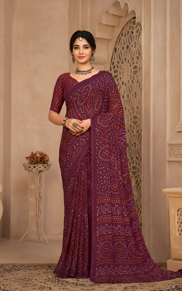 Georgette Graphic Print Saree Maroon Party Wear with Blouse Piece