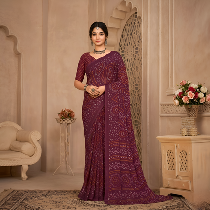 Georgette Bandhani Print Saree Festive Ethnic Wear with Blouse Piece (Maroon)