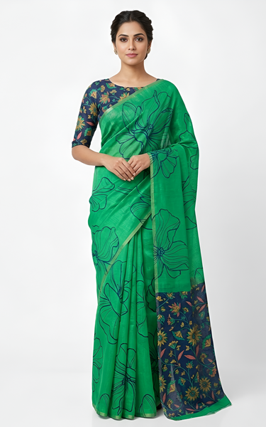 Kalamkari Printed Chanderi Linen Saree with Weaving Border (Parrot Green)