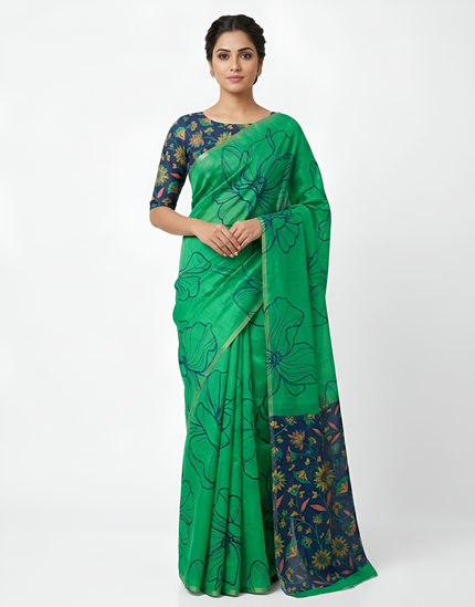 Kalamkari Printed Chanderi Linen Saree with Weaving Border (Parrot Green)