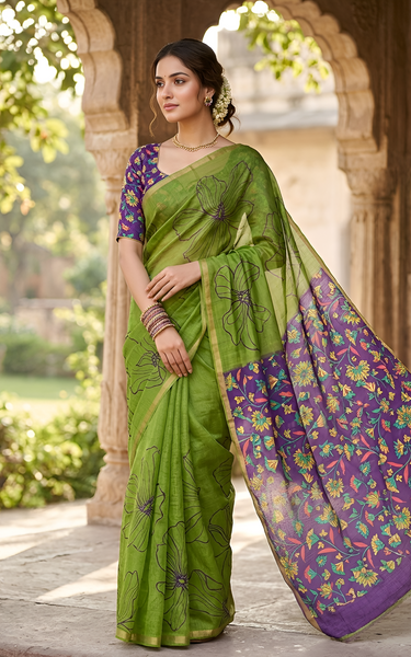Kalamkari Printed Chanderi Linen Saree with Weaving Border (Green)