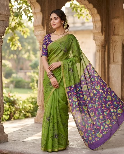 Kalamkari Printed Chanderi Linen Saree with Weaving Border (Green)