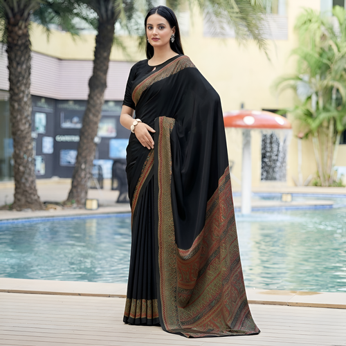 Black Colored Self-Printed Plain Crepe Saree with Contrast Border and Pallu with Blouse Piece