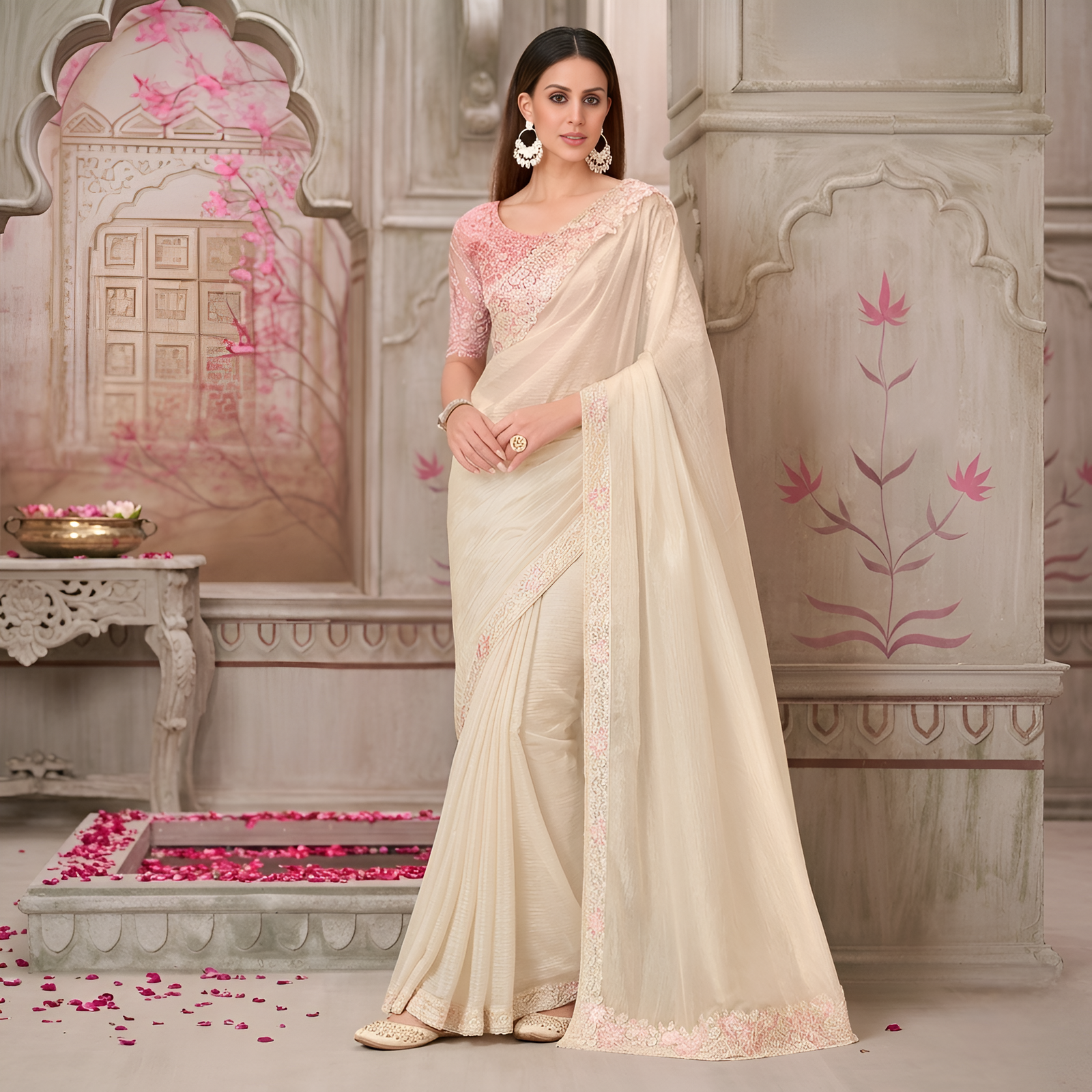Pearl White Satin Silk & Tussar Silk Blouse
