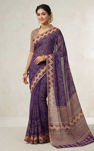 Ajrakh Kalamkari Zari Border Chanderi Saree (Purple)