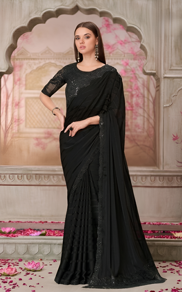 Black Georgette Pattern Saree with Tussar Silk Blouse