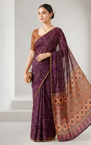 Ajrakh Kalamkari Zari Border Chanderi Saree (Wine)