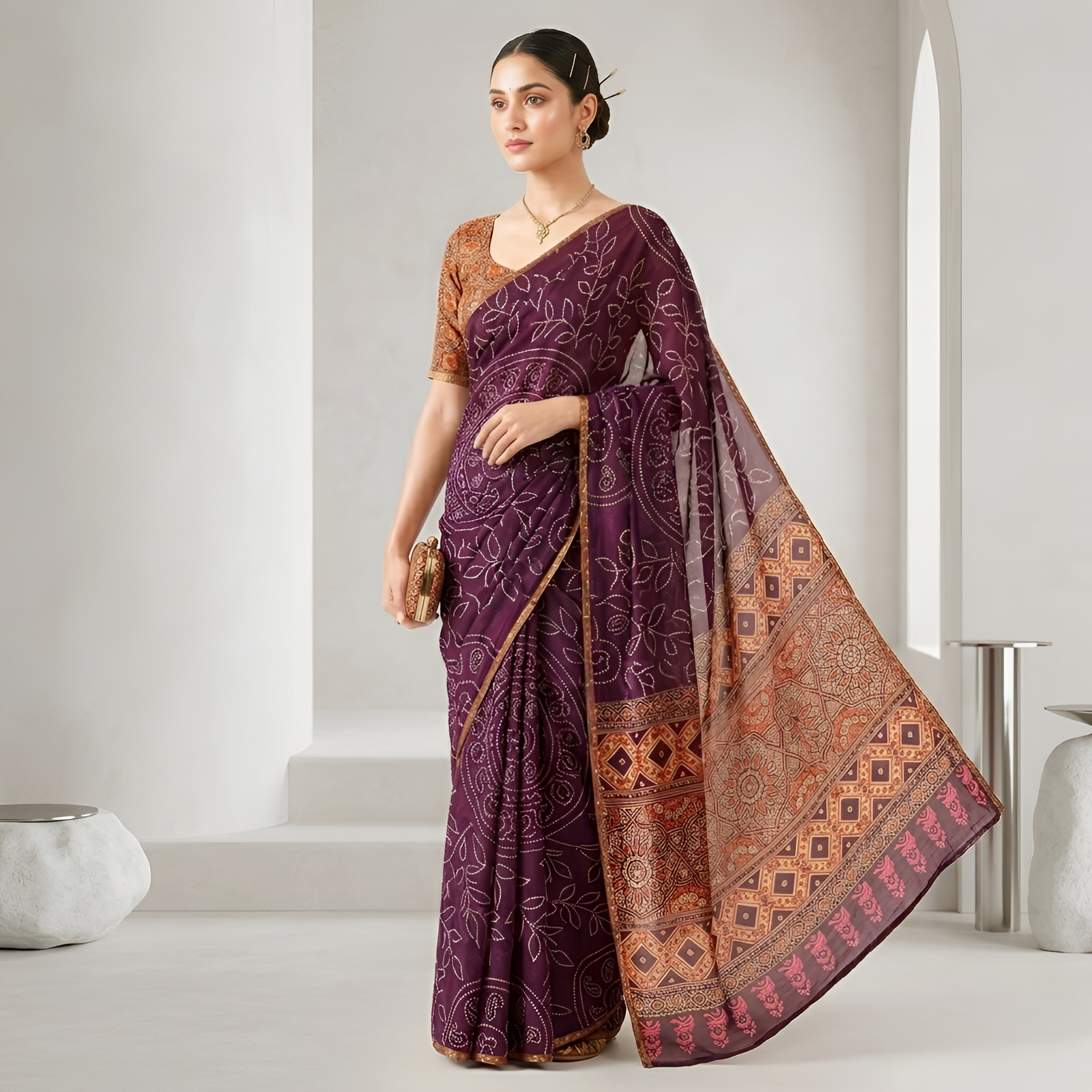 Ajrakh Kalamkari Zari Border Chanderi Saree (Wine)