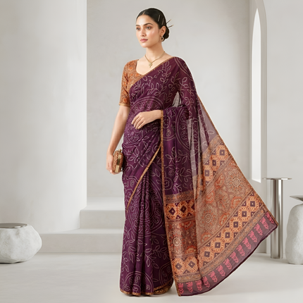 Ajrakh Kalamkari Zari Border Chanderi Saree (Wine)
