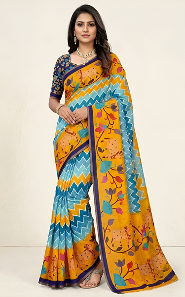 Kazari Print Linen Zari Border Saree (Yellow Multicolor)