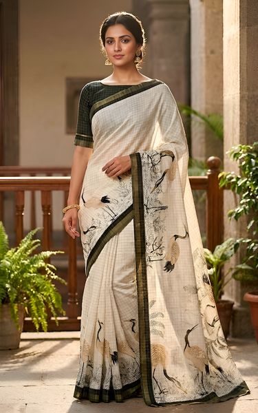 Pure Linen Zari Chex Weaving Duck Print Saree (Off-white & Black)