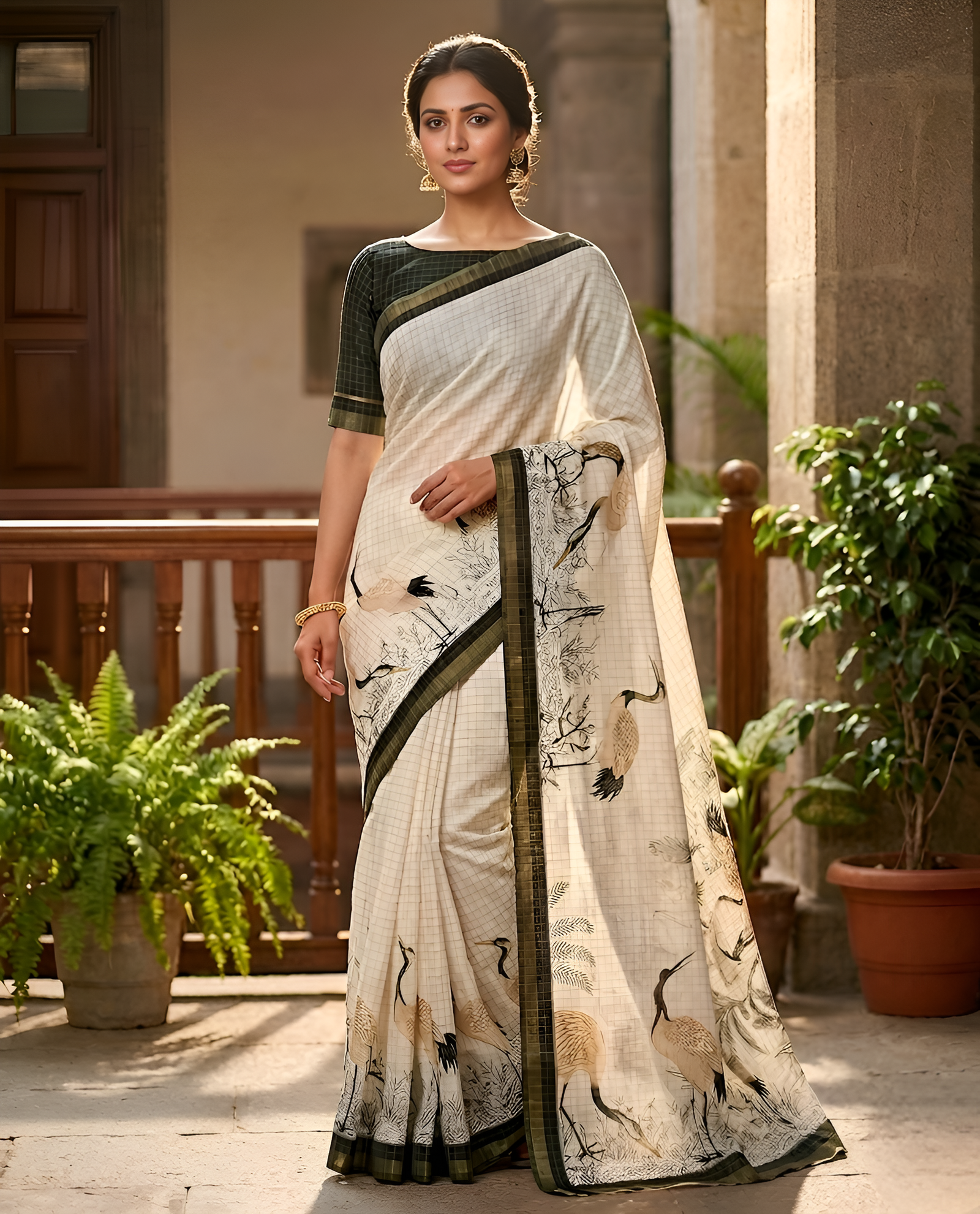 Pure Linen Zari Chex Weaving Duck Print Saree (Off-white & Black)