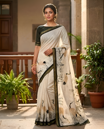 Pure Linen Zari Chex Weaving Duck Print Saree (Off-white & Black)