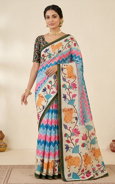 Kazari Print Linen Zari Border Saree (Cream Blue)