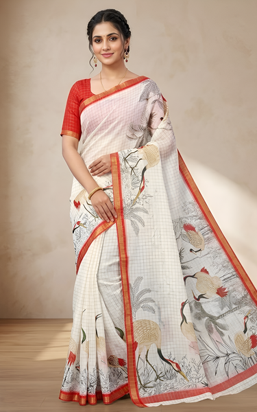 Pure Linen Zari Chex Weaving Duck Print Saree (Off-white & Red)