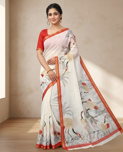Pure Linen Zari Chex Weaving Duck Print Saree (Off-white & Red)