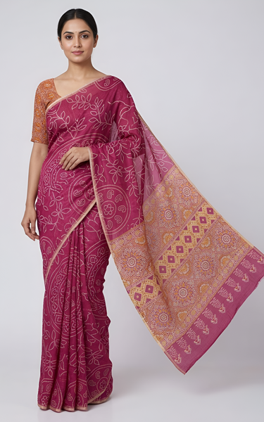 Ajrakh Kalamkari Zari Border Chanderi Saree (Magenta)