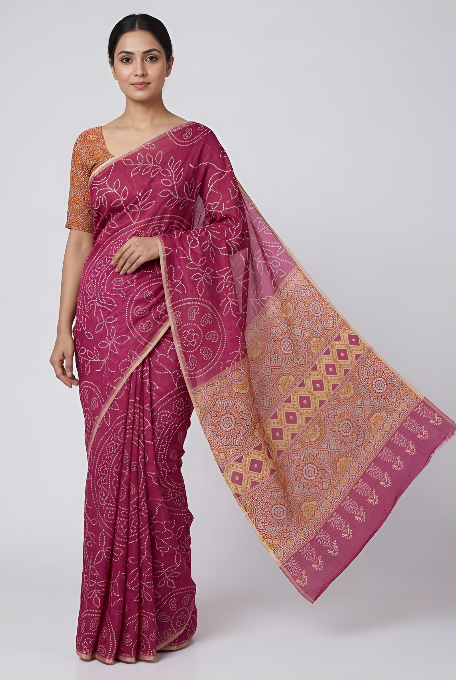 Ajrakh Kalamkari Zari Border Chanderi Saree (Magenta)