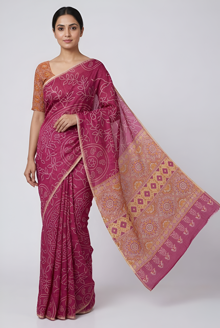 Ajrakh Kalamkari Zari Border Chanderi Saree (Magenta)