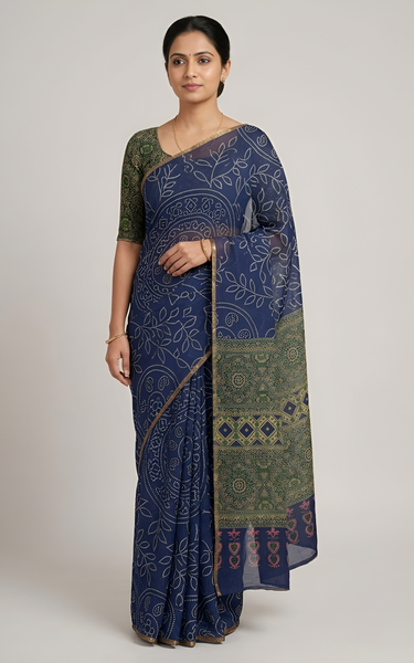 Ajrakh Kalamkari Zari Border Chanderi Saree (Royal Blue)