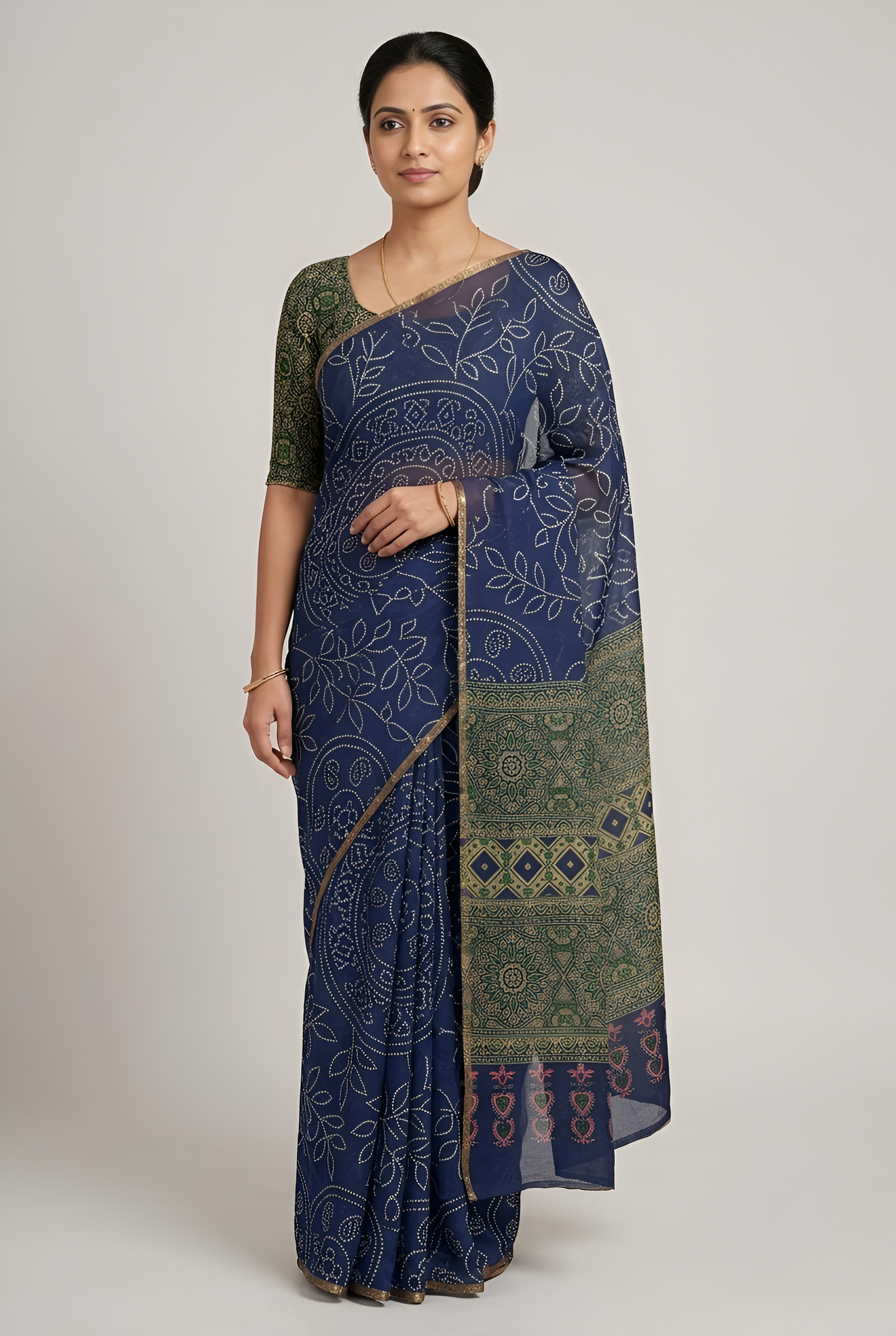 Ajrakh Kalamkari Zari Border Chanderi Saree (Royal Blue)