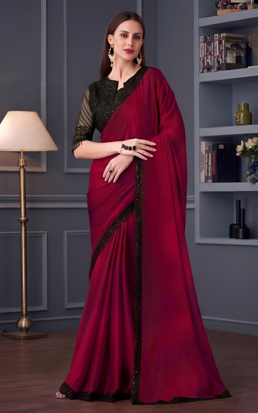 Wine Shimmer Satin Silk Georgette Saree