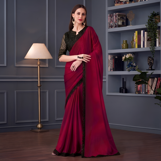 Wine Shimmer Satin Silk Georgette Saree