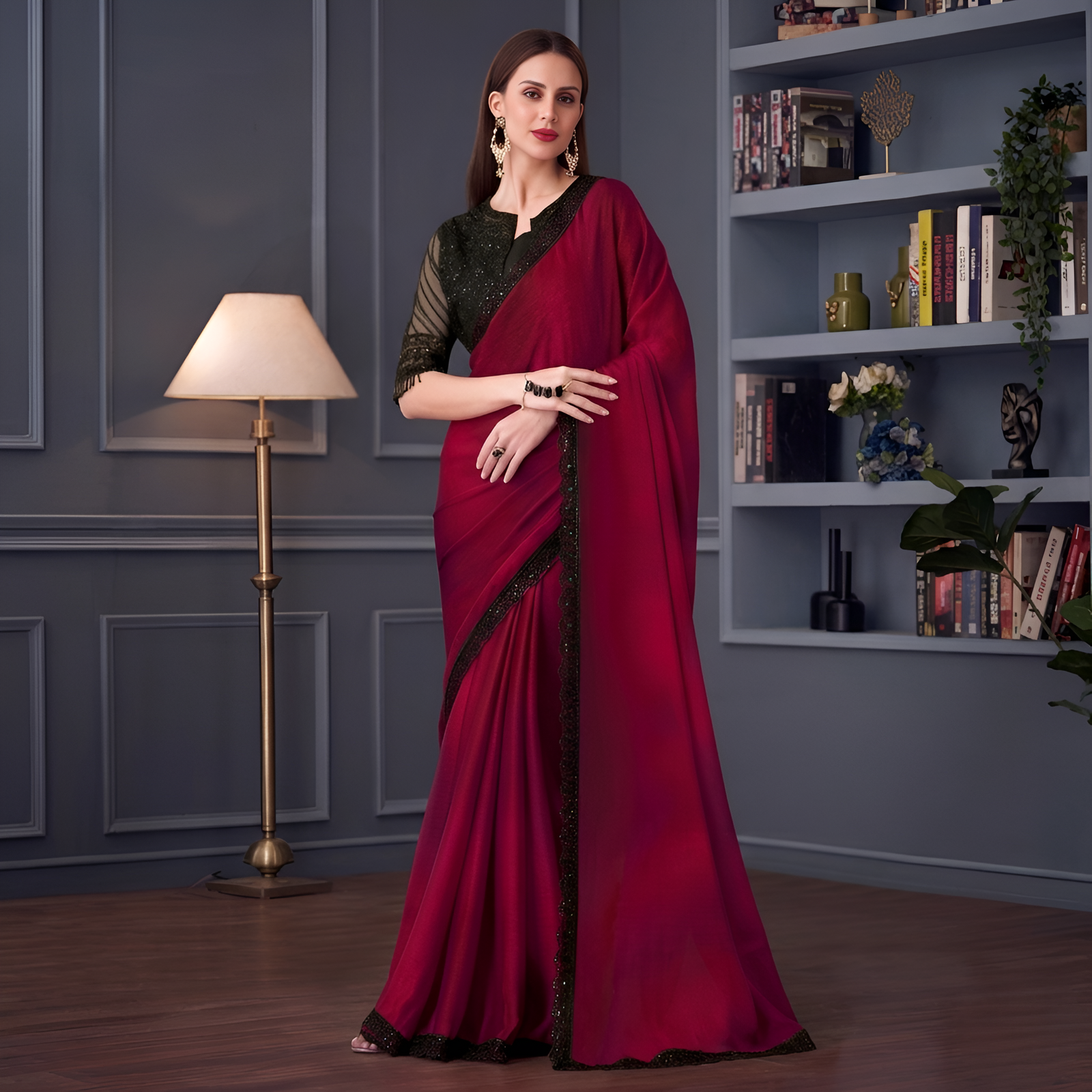 Wine Shimmer Satin Silk Georgette Saree
