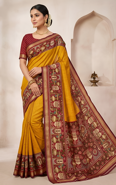 Temple Printed Soft Mul Cotton Saree with Zari Border (Yellow)