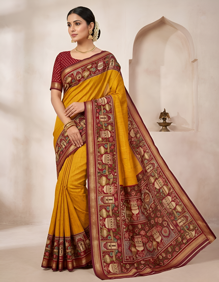 Temple Printed Soft Mul Cotton Saree with Zari Border (Yellow)
