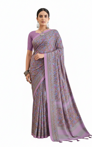 Flower Multi-Coloured Printed, Pure Italian Crape Saree (Purple)