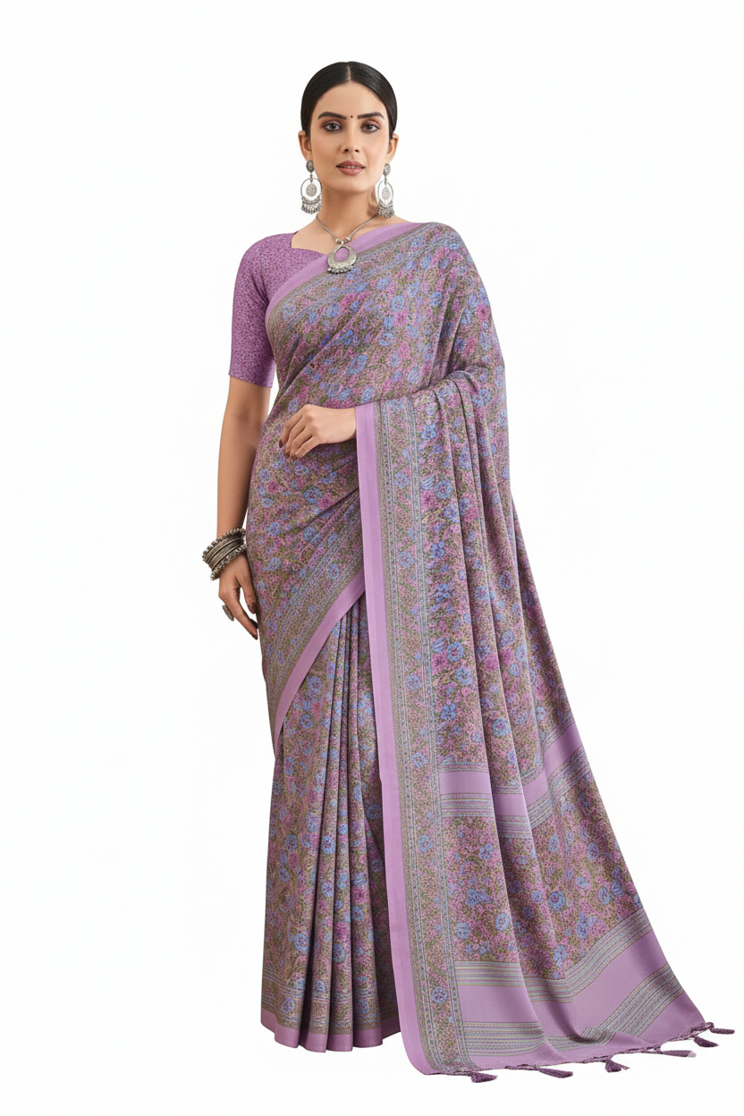 Flower Multi-Coloured Printed Pure Italian Crape Saree (Purple)