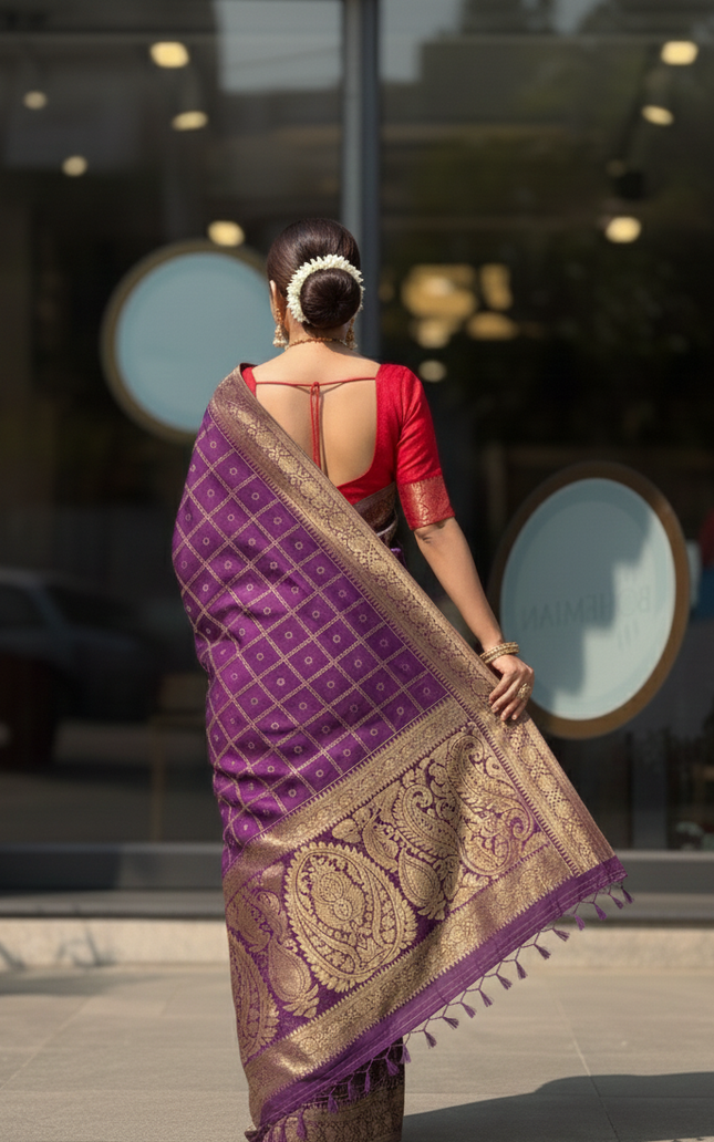Indoniq Fashion's Banarasi Art Silk Weaving Saree with contrast Ready Patola Blouse