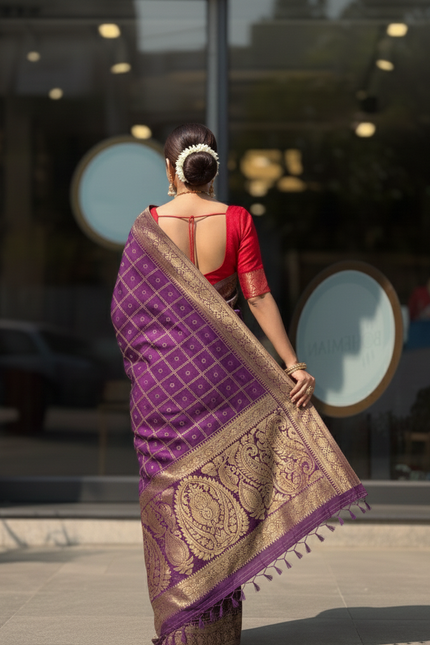 Indoniq Fashion's Banarasi Art Silk Weaving Saree with contrast Ready Patola Blouse