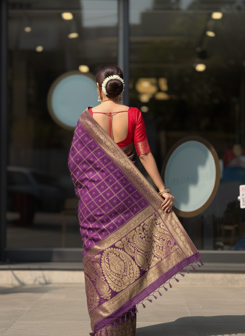 Indoniq Fashion's Banarasi Art Silk Weaving Saree with contrast Ready Patola Blouse