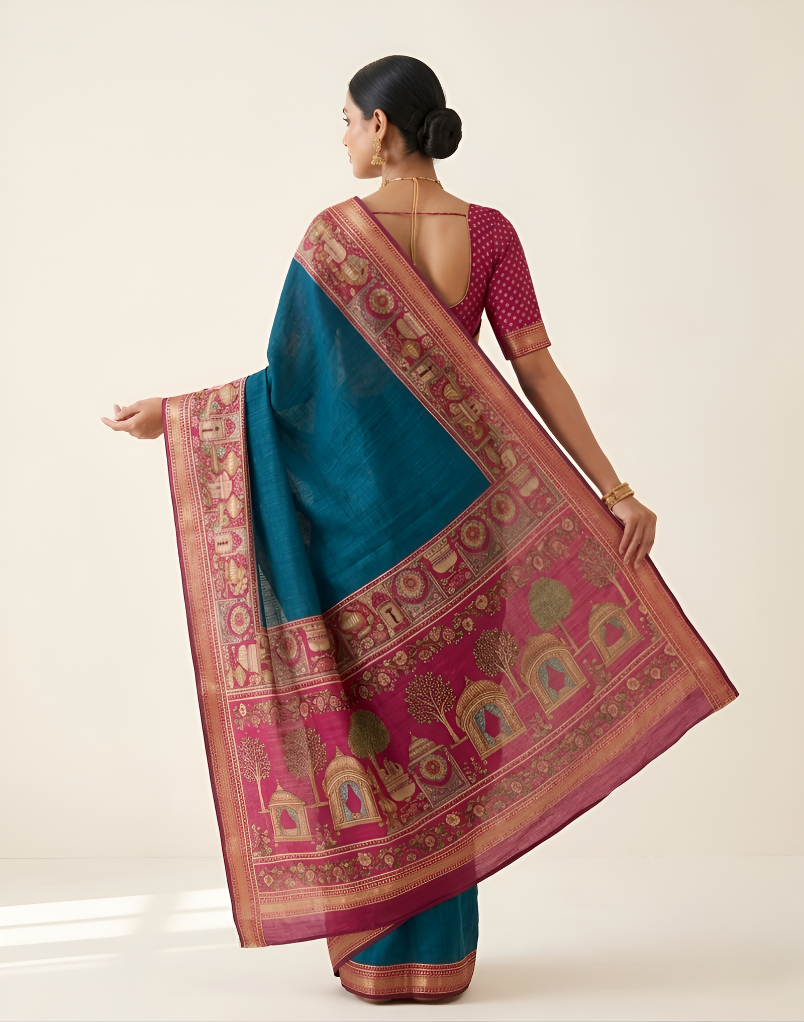 Temple Printed Soft Mul Cotton Saree with Zari Border (Teal Blue)