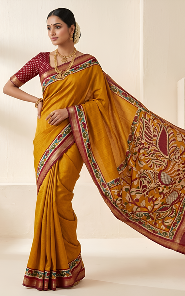 Soft Mul Cotton Kalamkari Pallu Saree with Zari Border (Yellow)