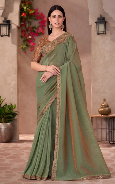 Golden Shine Georgette Saree with Linen Work Designer Blouse