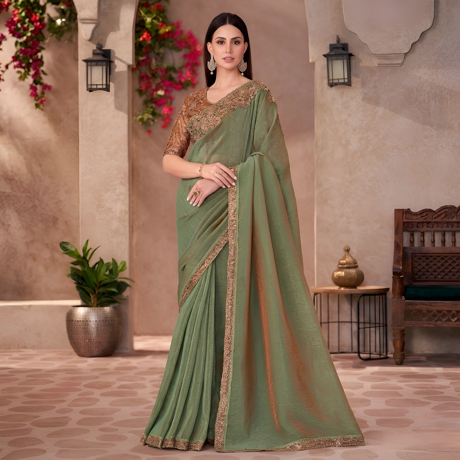 Golden Shine Georgette Saree with Linen Work Designer Blouse