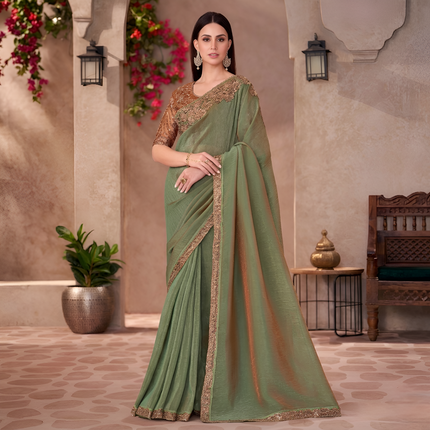 Golden Shine Georgette Saree with Linen Work Designer Blouse