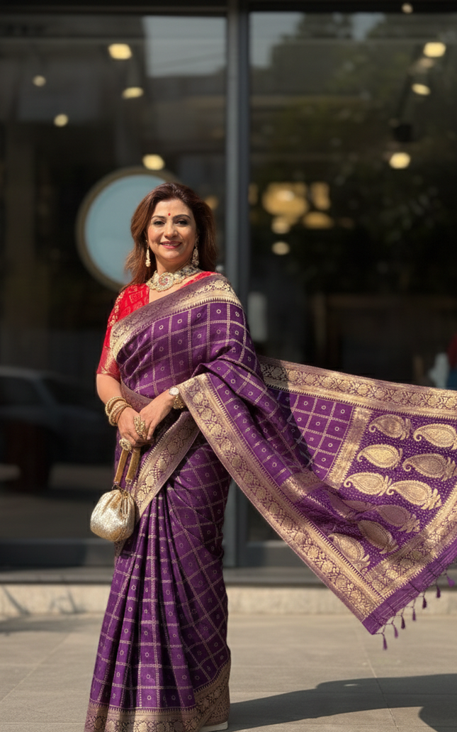 Indoniq Fashion's Banarasi Art Silk Weaving Saree with contrast Ready Patola Blouse